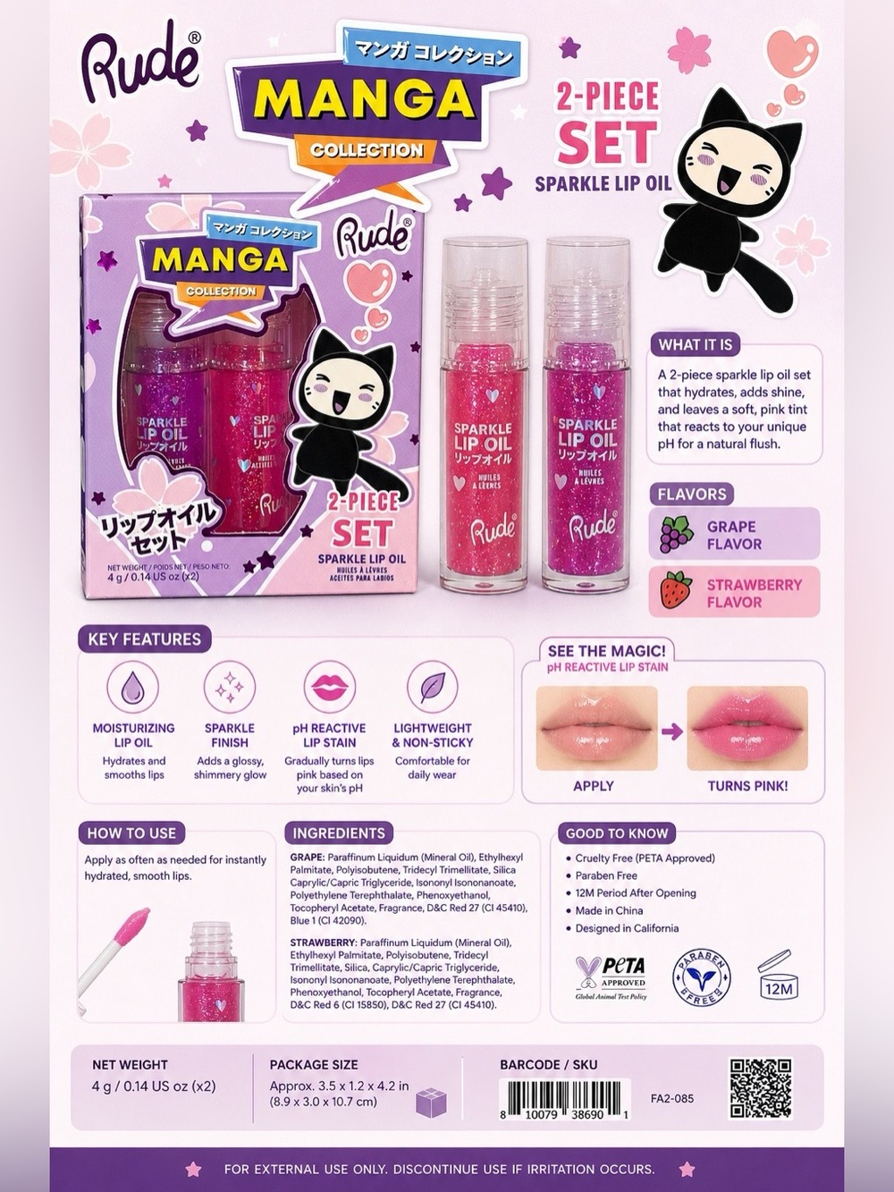 💖 Rude Manga Lip Oil Duo 🍓🍇 Sparkle Gloss Set NEW